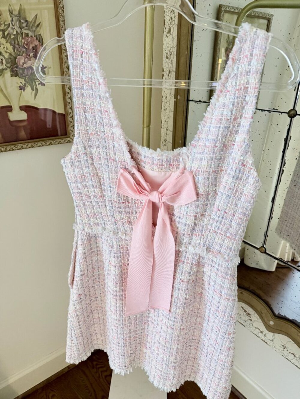 LoveShackFancy Moda Tweed Mini Dress with a Bow - Size 6 - Pink - Picture 6 of 16